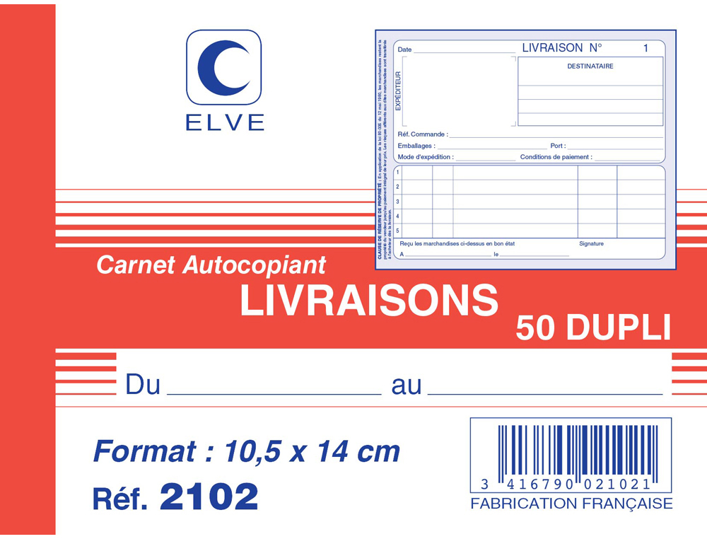CARNET AUTOCOPIANT ELVE MANIFOLD 105X140MM FOLIOTAGE  2 COPIES 50 DUPLIS LIVRAISONS