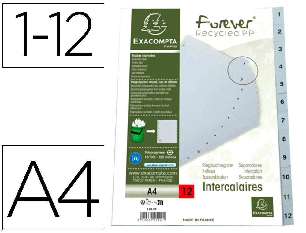 INTERCALAIRES IMPRIMES NUMERIQUES EXACOMPTA          POLYPROPYLENE A4 12POSITIONES /NUMERIQUE GRIS