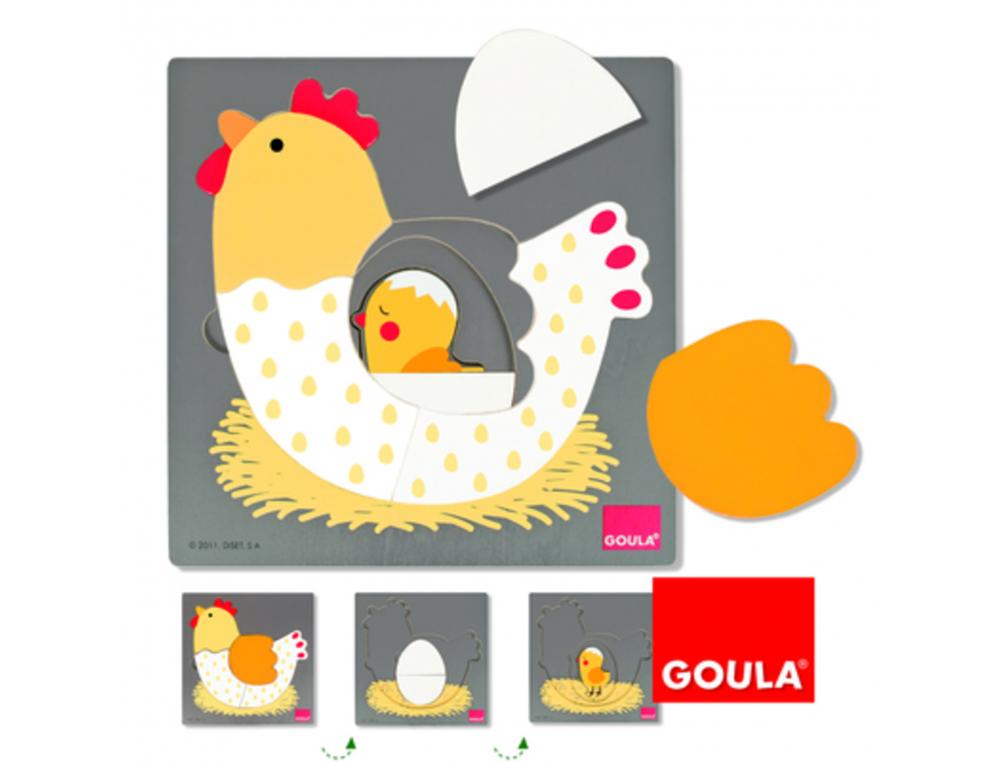 PUZZLES EVOLUTIFS GOULA LA POULE SUR 3 NIVEAUX UNE POULE UN OEUF ET UN POUSSIN 7       PIECES ET 1 SUPPORT EN BOIS