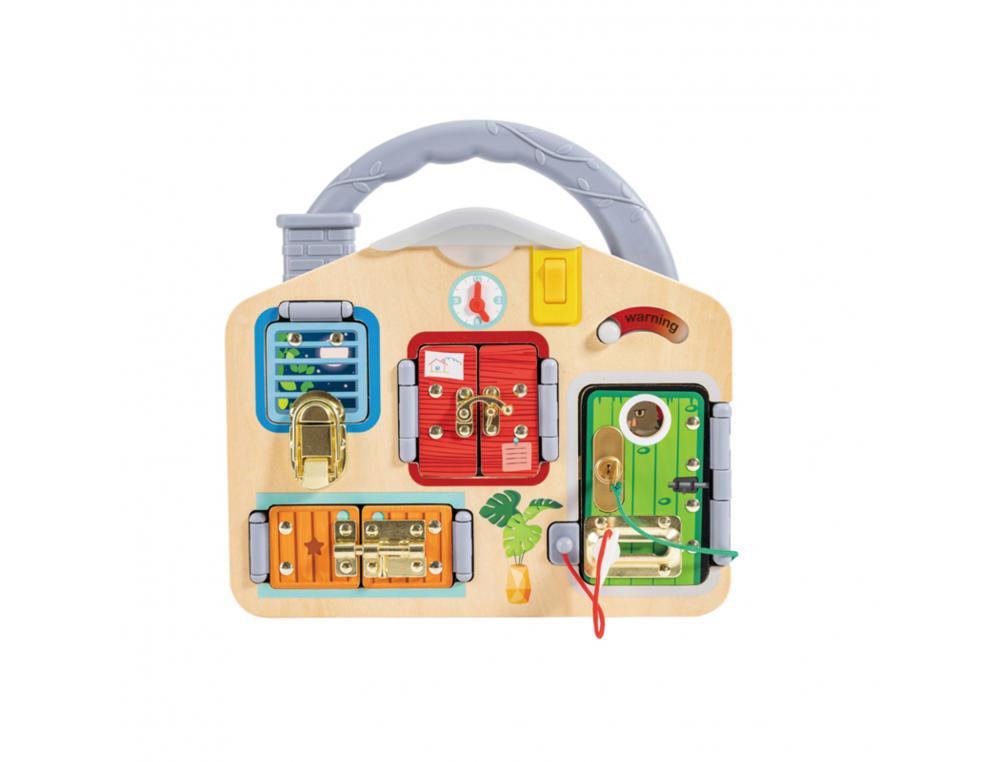 PEDAGOGIE MONTESSORI HAPE CADRE D'APPRENTISSAGE DES     SYSTEMES DE FERMETURE 4       PIECES AVEC 5 LOQUETS