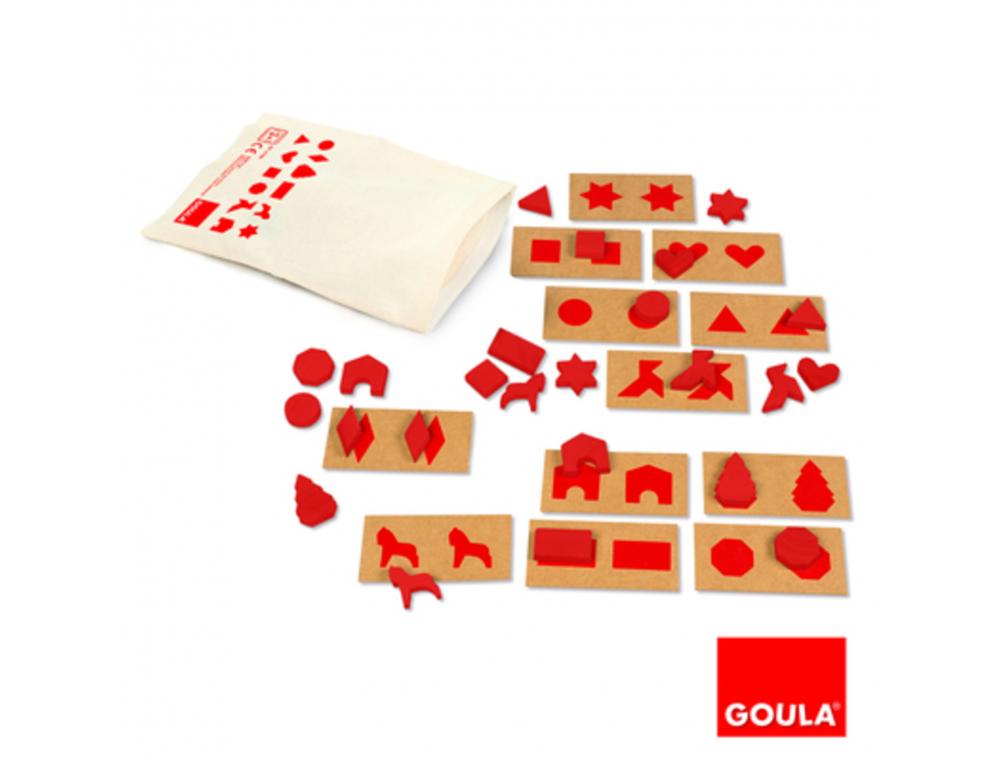 JEUX DE RECONNAISSANCE TACTILE GOULA PERCEPTION      TACTILE FORMES PLANES 12      PLANCHETTES ET 24 OBJETS EN