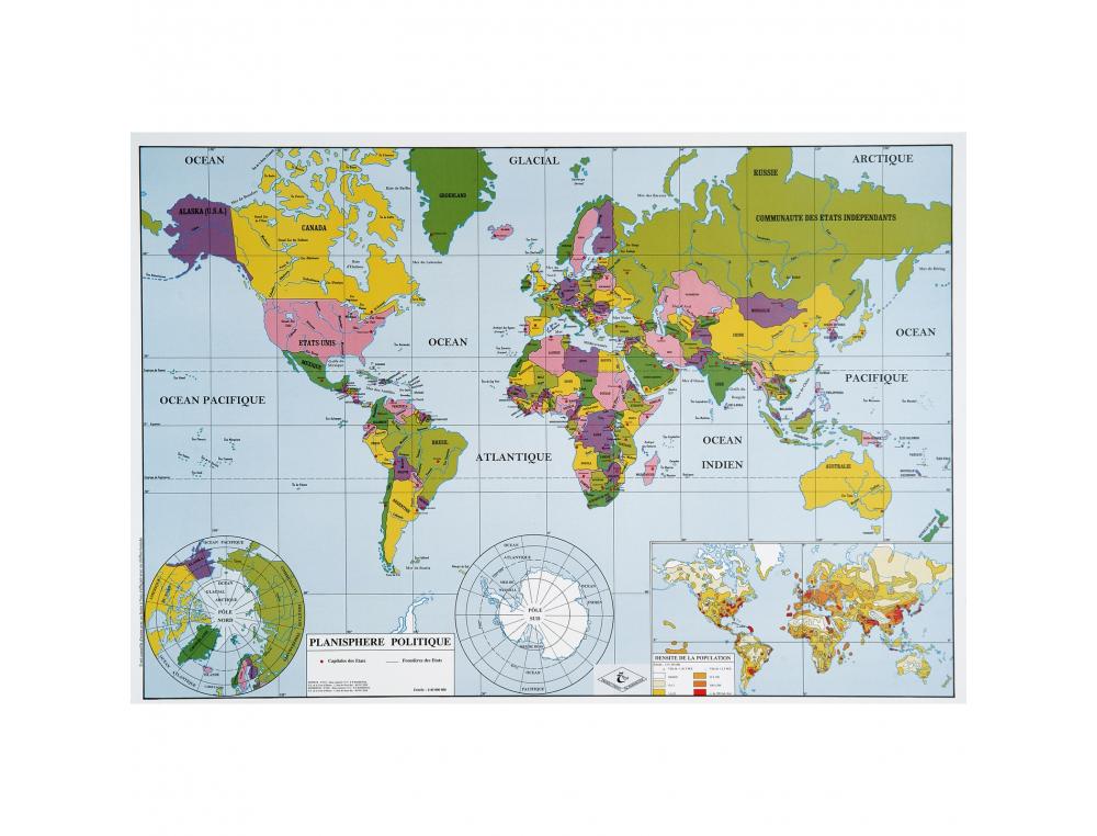 PLANISPHERE MURAL RECTO VERSO ULMANN PLASTIFIEE 1 FACE      PHYSIQUE ET 1 FACE POLITIQUE  80X124CM