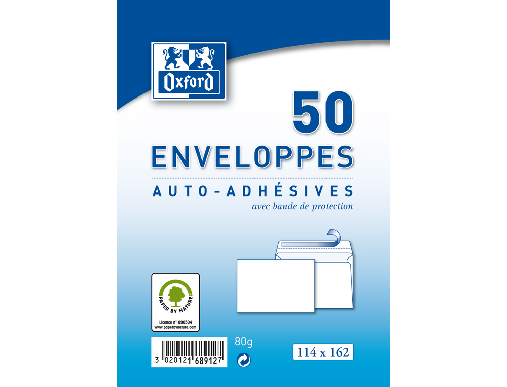 ENVELOPPES BLANCHES OXFORD AUTO ADHESIVES AVEC BANDE DE  PROTECTION 80 G 114X162 MM 50 UNITES