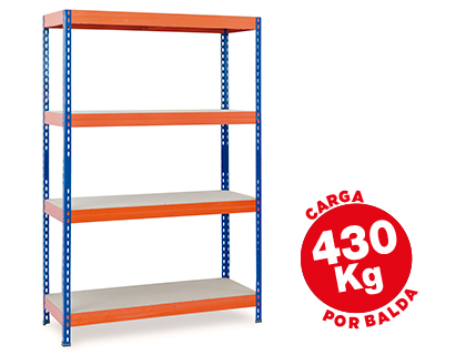 TAGRE MTALLIQUE AR 4 TABLETTES BOIS SUPPORTE 430KG/TABLETTE MONTAGE FACILE 200X100X60CM COLORIS BLEU/ORANGE