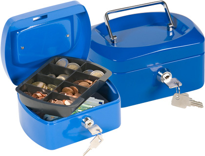 CAISSE MONNAIE Q-CONNECT STRUCTURE ACIER 0.8MM PAISSEUR PLATEAU AMOVIBLE ESPACE BILLETS 152X80X115MM COLORIS BLEU